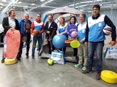 Olivier Robinet (second from right) and Philip Dalidakis MLC, Minister for Trade and Investment, Innovation and the Digital Economy and Small Business (third from left) announce Decathlon's first Vic store.