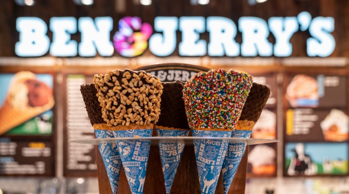 Four scoops of ice cream at a Ben & Jerry's store