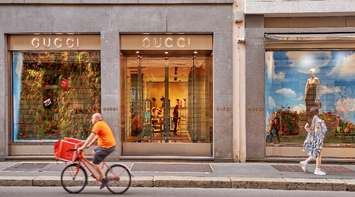 A Gucci store with a bike at the front.
