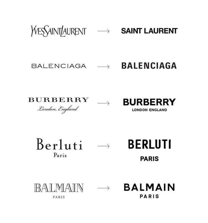 A graphic showing how luxury brands such as YSL, Balenciaga and Burberry switched from distinctive logos to very similar-looking ones that all use sans serif fonts.