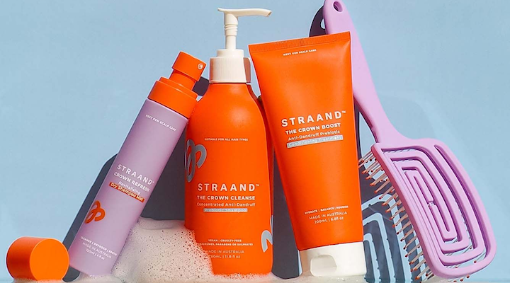 Straand’s range of scalp care products and purple hair brush