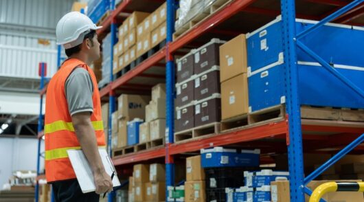 Asian male factory manager inspect goods in warehouse or inventory and check stock product. Transport logistic business shipping, delivery to customers. inspection, storehouse, storage, factory