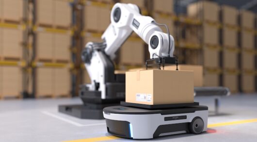 The Robot arm picks up the box to Autonomous Robot transportation in warehouses, Warehouse automation
