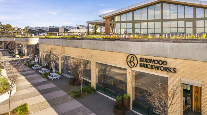 An exterior shot of the Burwood Brickworks sustainable shopping centre in Victoria