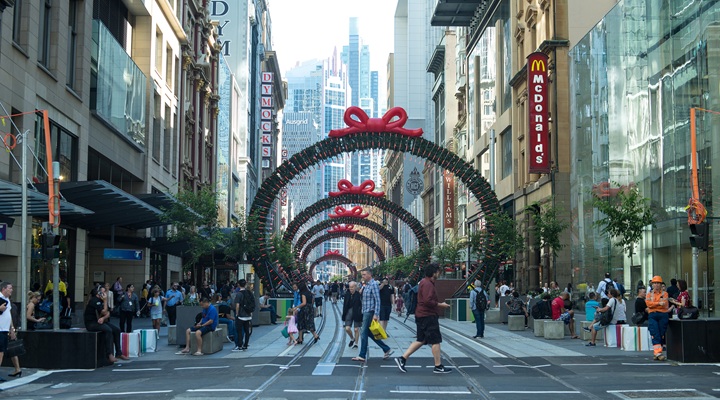 Image of Sydney street with Christmas decorations.