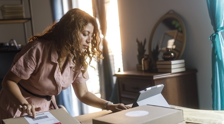 Candid shot of diligent mid adult female entrepreneur checking order number via digital tablet at her desk.