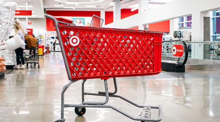 A close-up of a Target shopping cart in store.