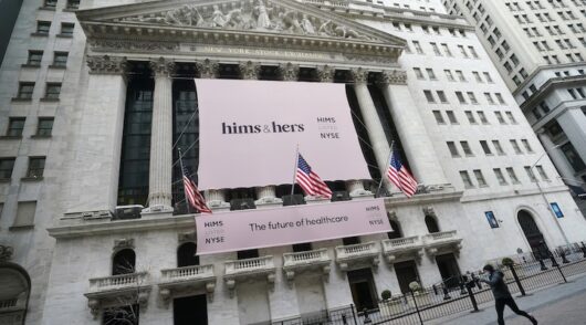 The New York Stock Exchange with a Hims & Hers Health, Inc banner
