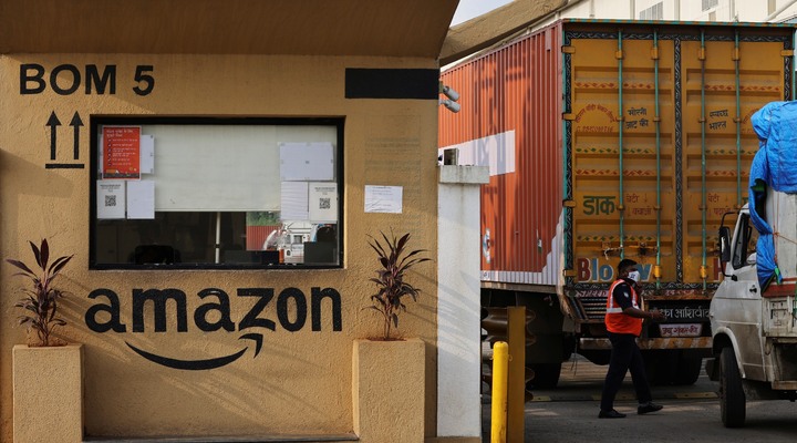 Amazon facility with delivery vehicles.