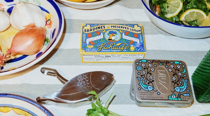 Dieux Skin x Fishwife’s limited edition eye patches set up on a grocery store shelf.