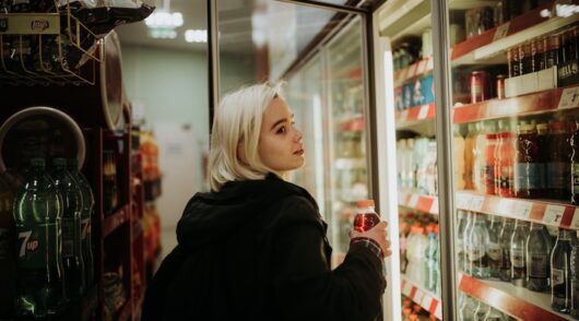 customer selecting a beverage from a refrigerated shelf at a convenience store