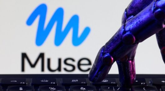 Illustration shows Meta Muse logo, keyboard and robotics hand