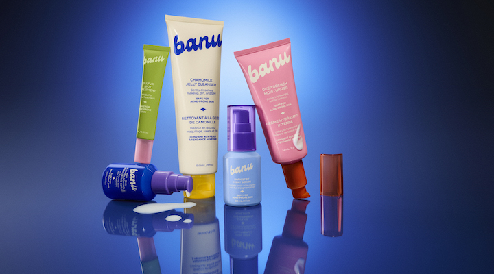 Several Banu Skin SKUs in front of a blue background.